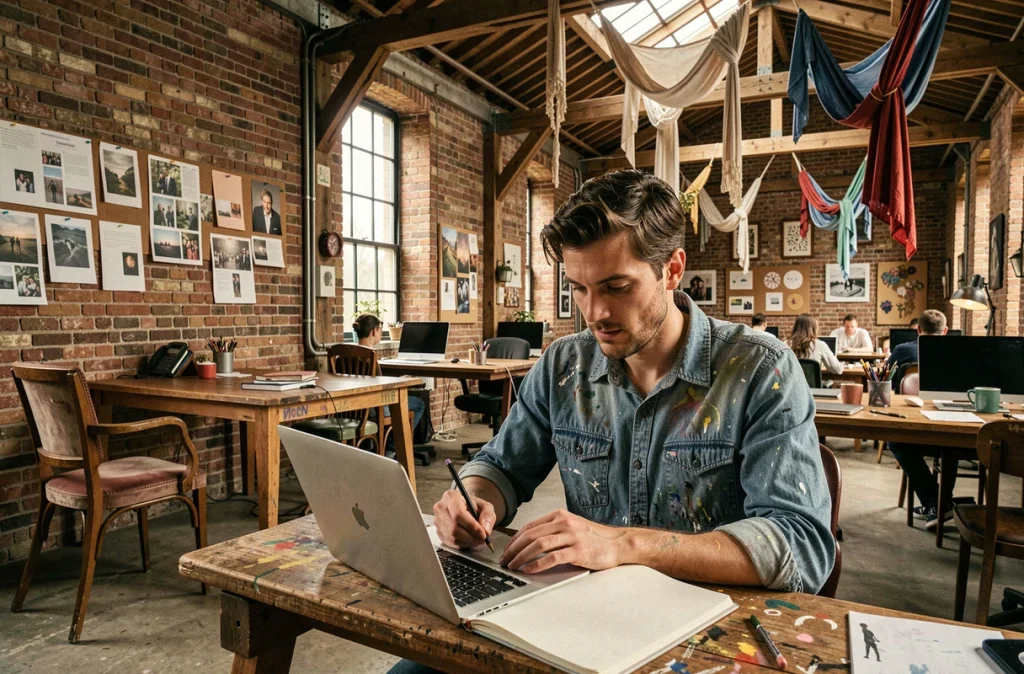 Hangar 16, espace de coworking créatif rue des Olivettes à Nantes, avec un professionnel créatif travaillant dans un cadre industriel et artistique