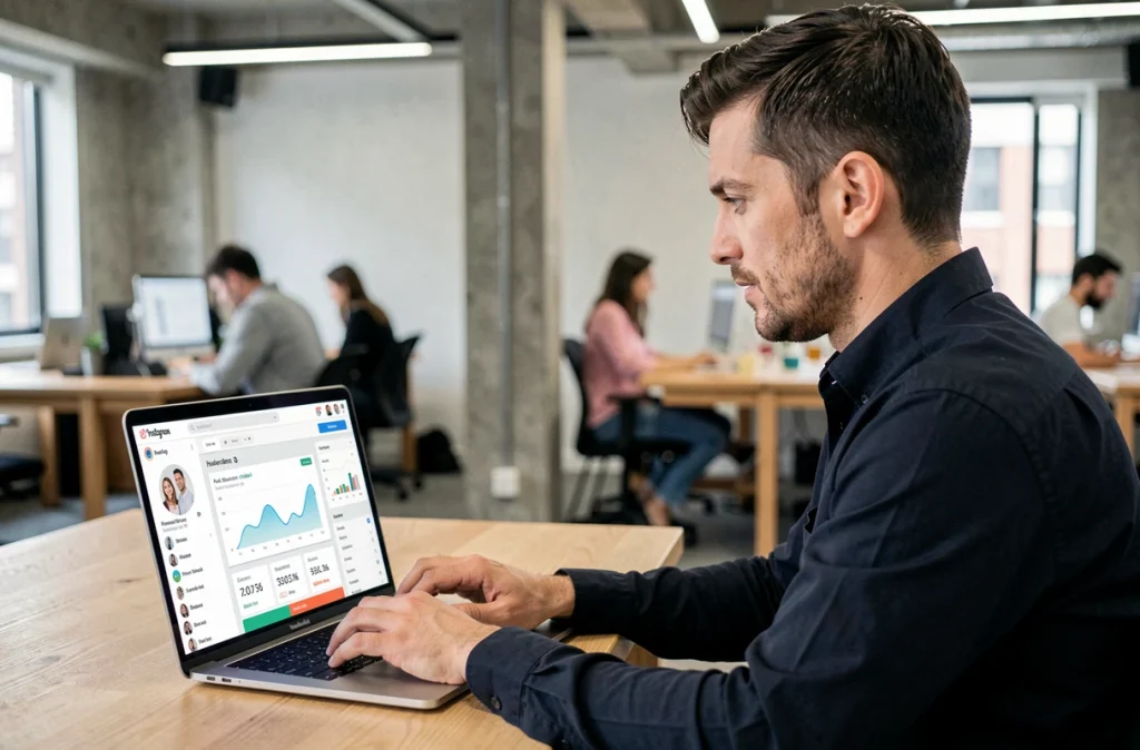 Homme consultant un tableau de bord Instagram sur ordinateur portable dans un espace de coworking
