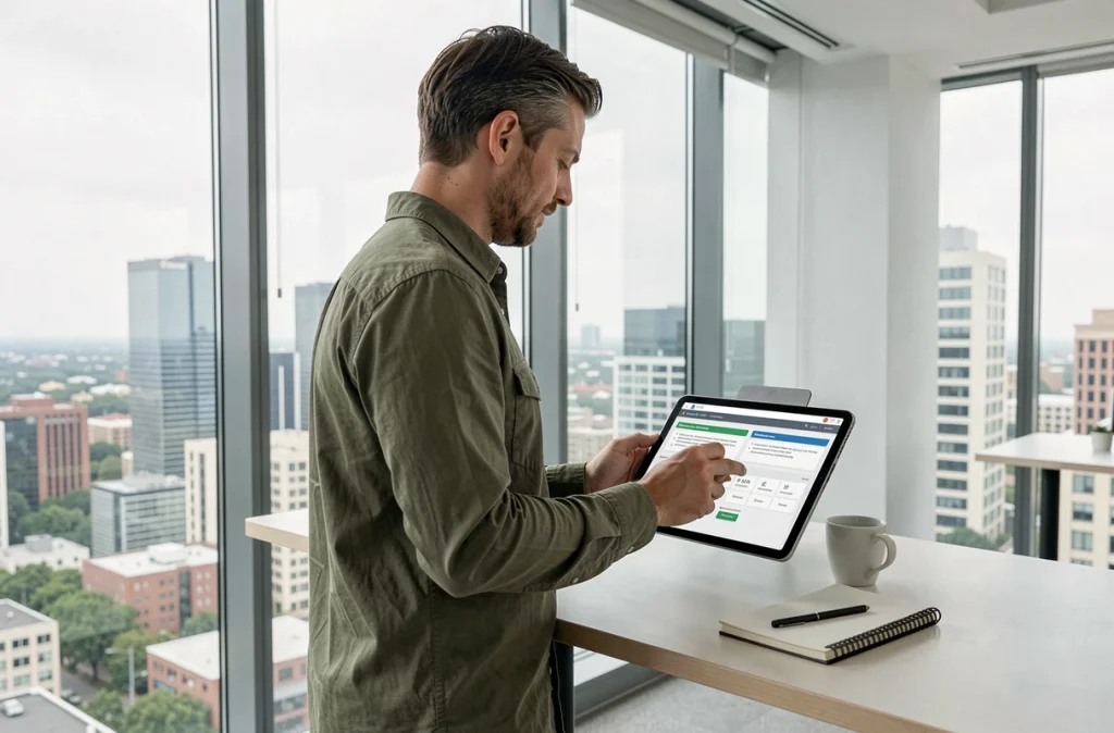 Homme debout consultant une application de gestion professionnelle sur tablette dans un bureau vitré avec vue urbaine