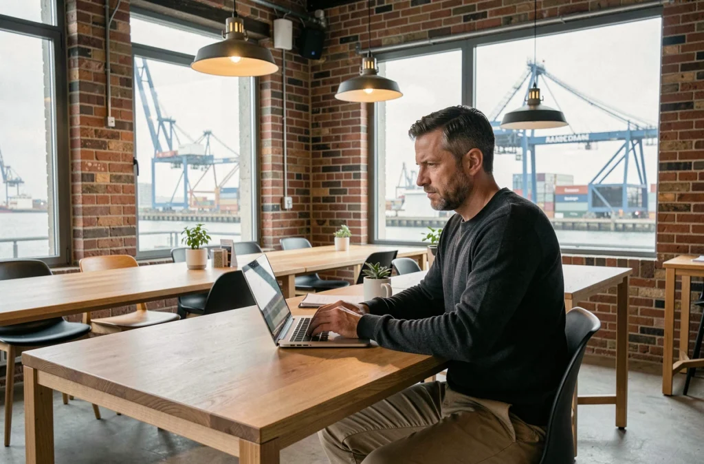 Consultant indépendant en portage salarial travaillant dans un espace de coworking près du port de Dunkerque
