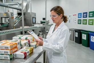 Ingénieure agroalimentaire inspectant des matériaux recyclés dans une usine de transformation alimentaire moderne