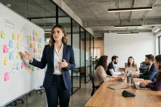 Jeune diplômée prenant la parole en réunion dans un bureau moderne, illustrant le nouveau leadership des jeunes managers