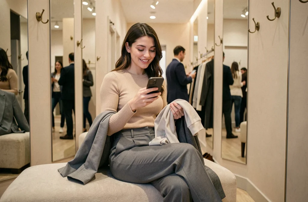 Jeune femme satisfaite dans une cabine d'essayage de boutique mode après avoir utilisé son Shopping Pass