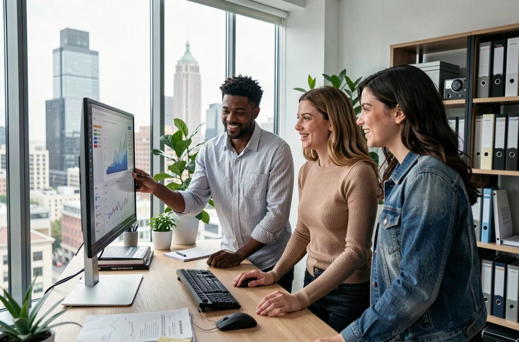 Groupe de jeunes professionnels collaborant autour d'un écran dans un espace de travail moderne, représentant les nouvelles attentes managériales
