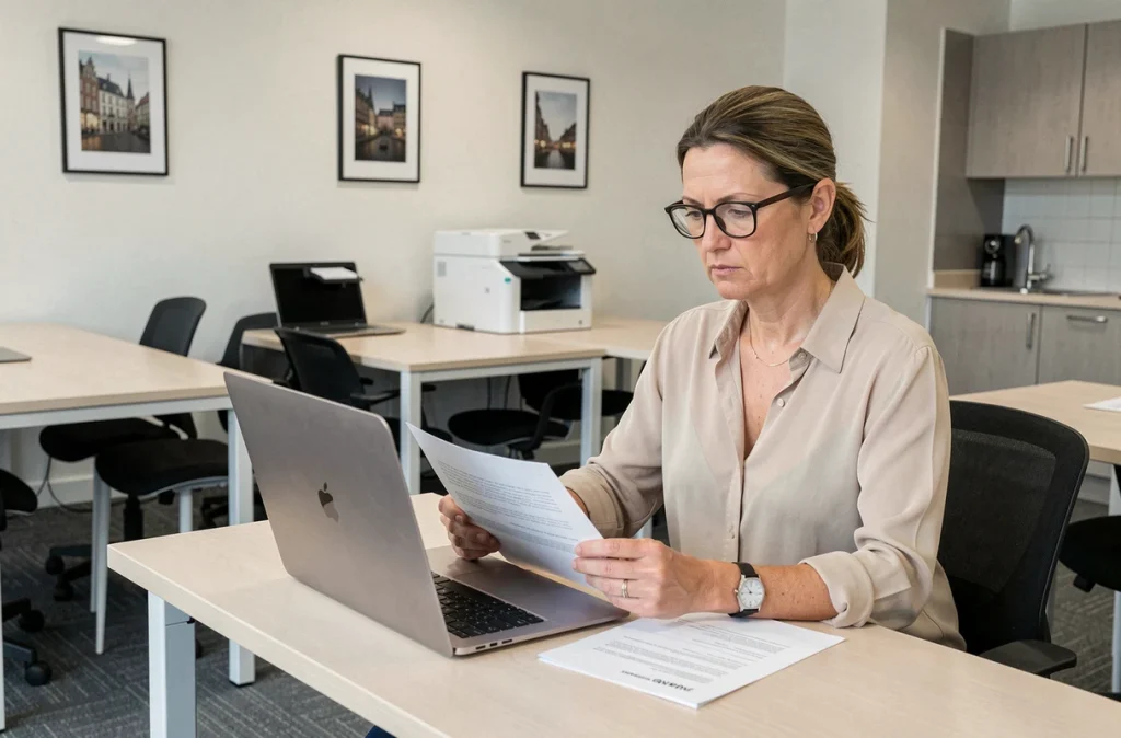 La Maison du Coworking à Nantes, un espace classique et fonctionnel avec une professionnelle concentrée sur ses documents