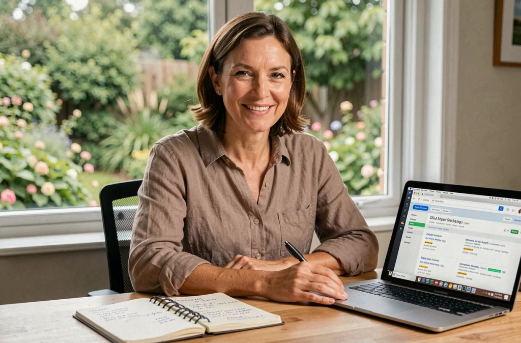 Laura Morin, consultante SEO indépendante, prenant des notes de stratégie de référencement dans son bureau personnel en Vendée