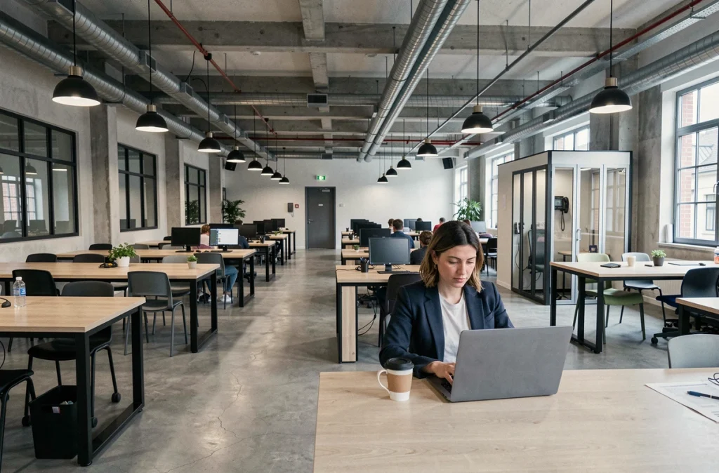 Grand espace de coworking Le POD à Angers Saint-Serge avec de vastes bureaux partagés sous de hauts plafonds industriels