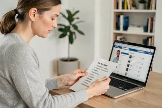 Femme analysant une liste de marques sur papier et sur ordinateur portable dans un bureau moderne en 2026