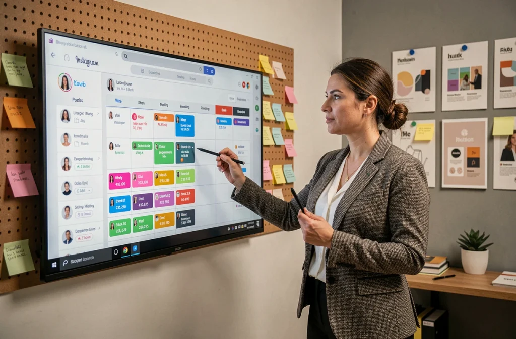 Responsable réseaux sociaux présentant un calendrier de publication Instagram optimal sur un grand écran en agence créative