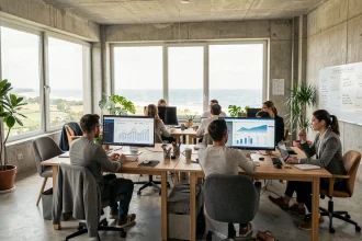 Vue d'ensemble d'une agence SEO moderne en Vendée avec une équipe de professionnels travaillant sur des stratégies de référencement naturel