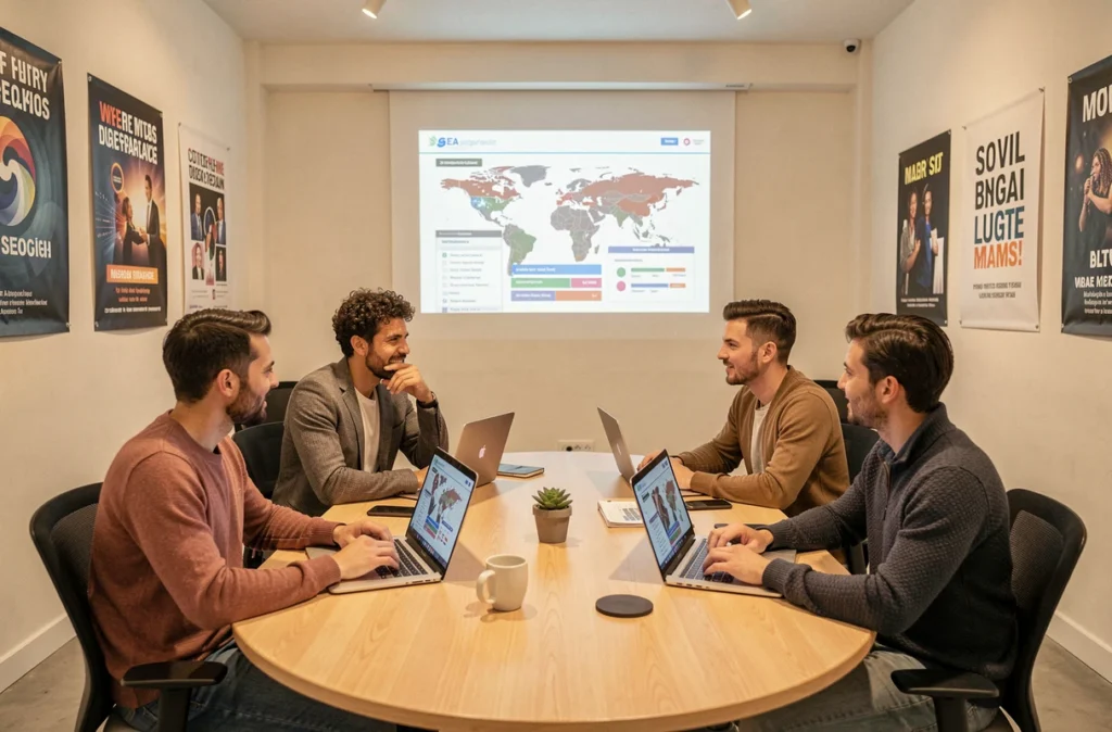Équipe d'une agence SEA et stratégie digitale globale en séance de travail à Marseille