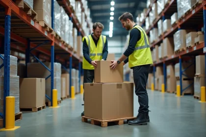Opérateur logistique en entrepôt arrangeant des cartons sur une palette eurostandard dans un grand dépôt industriel