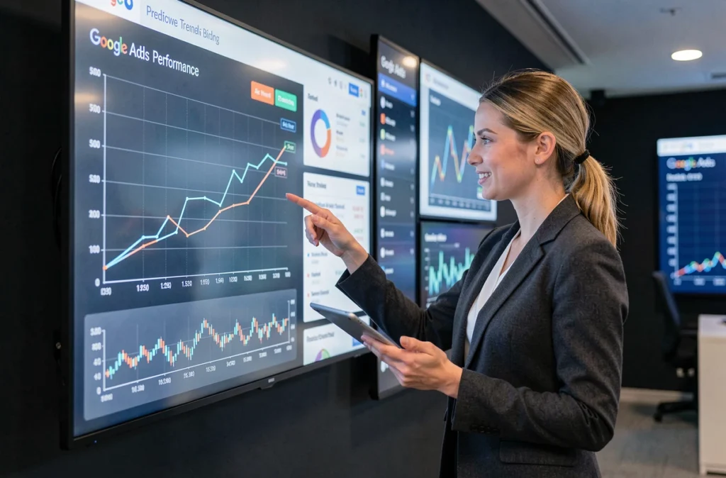 Analyste data pointant des graphiques d'intelligence artificielle pour piloter des campagnes Google Ads SEA
