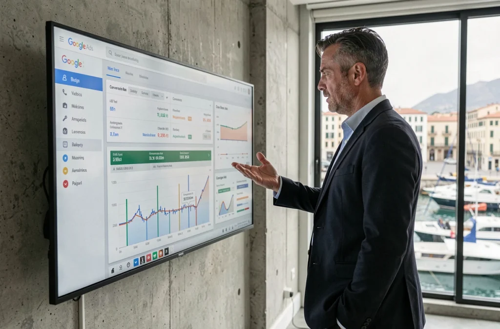 Spécialiste en performance Google Ads analysant des métriques de conversion dans un bureau avec vue sur le Vieux-Port de Marseille
