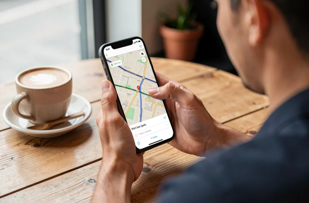 Personne consultant un itinéraire sur son iPhone à une table