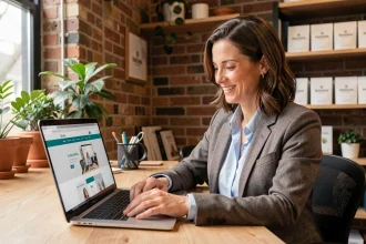 Cheffe d'entreprise consultante un site web moderne sur son ordinateur portable dans un bureau chaleureux