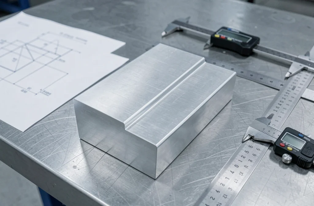 Gros plan sur une pièce de tôle pliée avec précision, calipers et plans techniques sur établi en atelier de pliage métal
