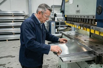 Opérateur qualifié inspectant une pièce de pliage métallique sur mesure dans un atelier industriel professionnel