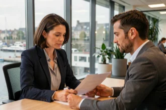Conseillère en portage salarial expliquant un contrat à une professionnelle dans un bureau moderne à Dunkerque
