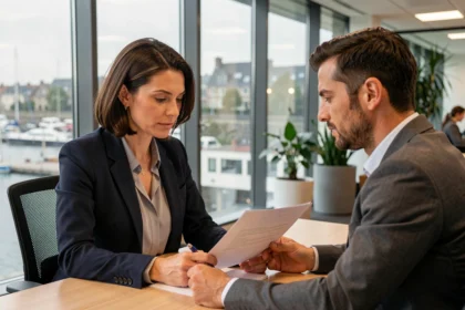 Conseillère en portage salarial expliquant un contrat à une professionnelle dans un bureau moderne à Dunkerque