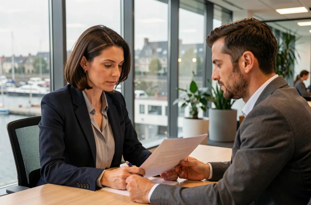 Conseillère en portage salarial expliquant un contrat à une professionnelle dans un bureau moderne à Dunkerque