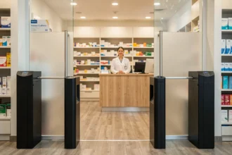 Portique antivol EAS à l'entrée d'une pharmacie moderne avec personnel en blouse blanche