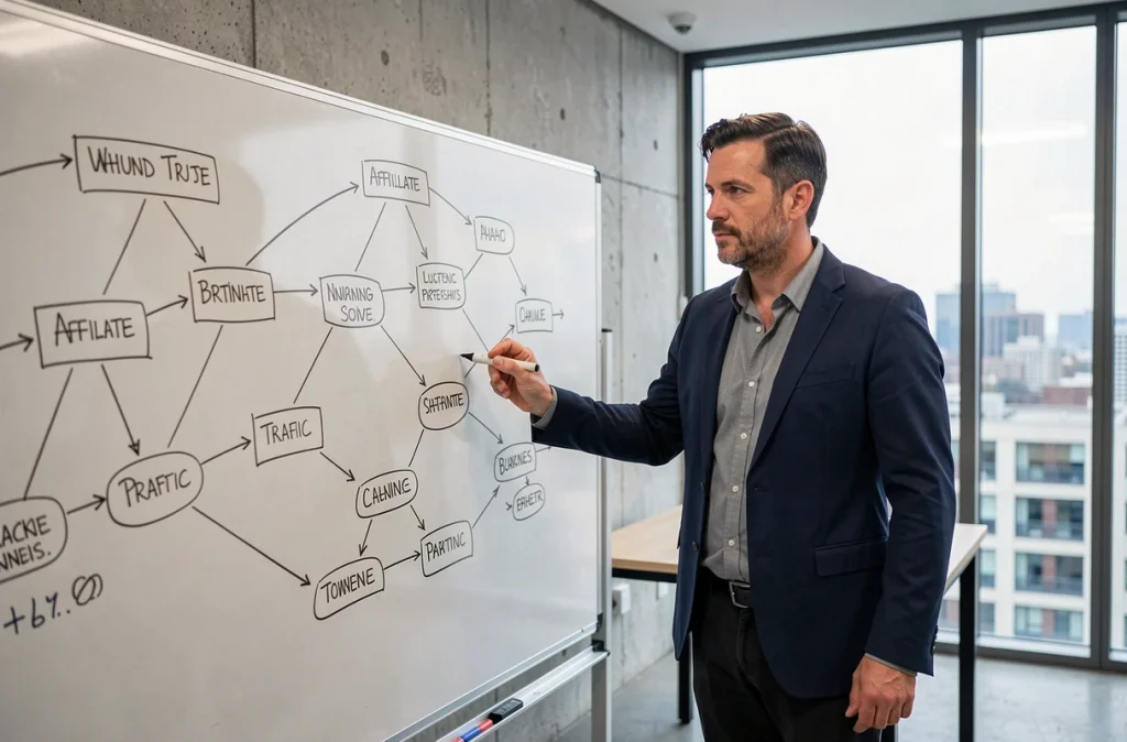 Responsable marketing présentant une stratégie multiréseaux avec des schémas de partenariats affiliés sur un tableau blanc en salle de réunion