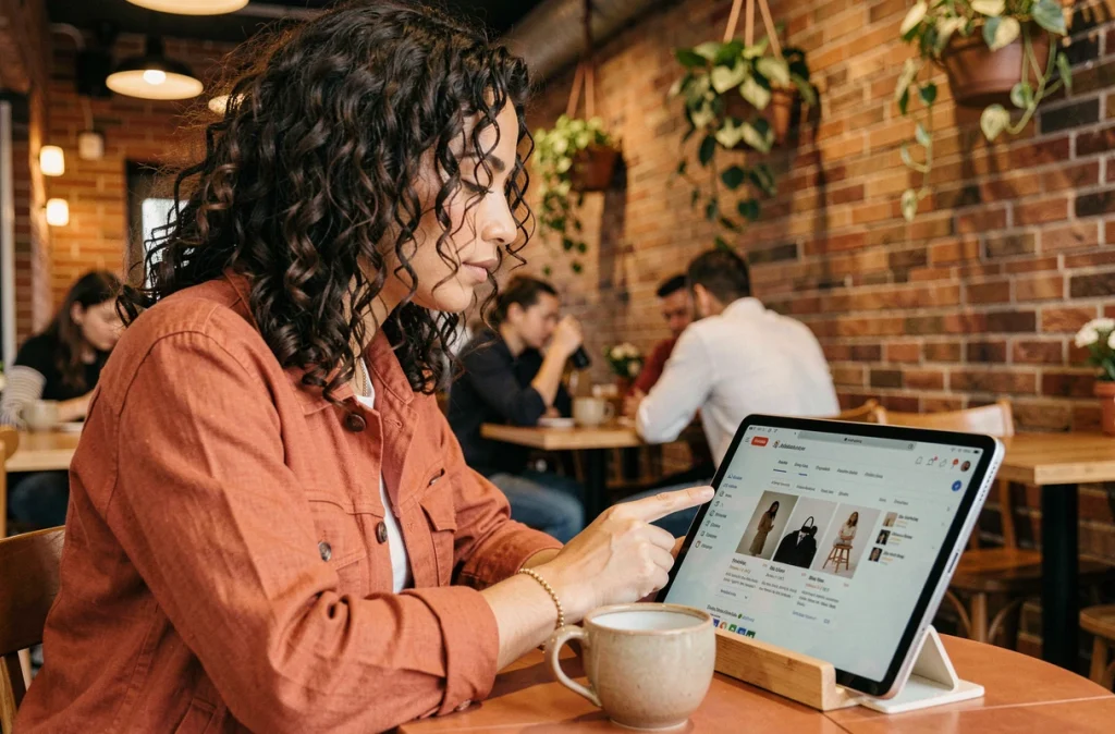 Jeune femme recherchant des marques sur tablette dans un café urbain cosy pour ses recherches 2026