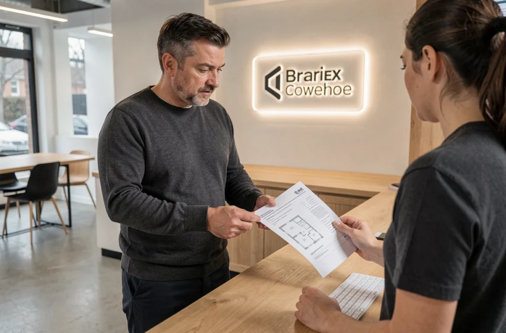 Homme réservant un bureau dans un espace de coworking à l'accueil, consultant un plan de salle avec un conseiller