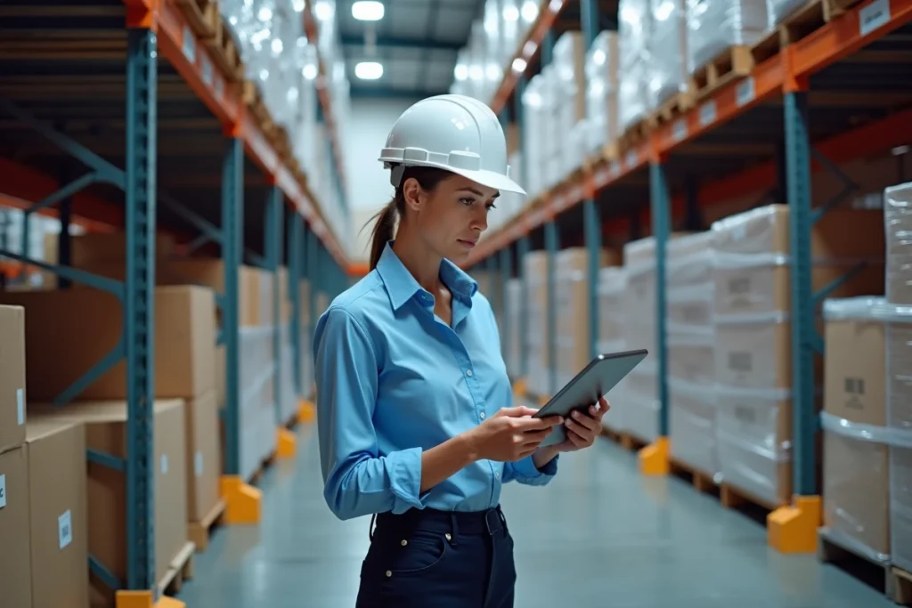 Responsable logistique féminine consultant une tablette devant des rayonnages de palettes dans un entrepôt moderne