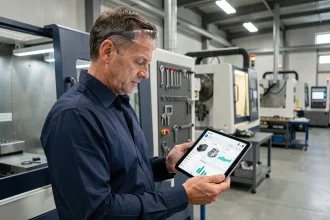 Responsable industriel PME consultant un tableau de bord B2B sur tablette dans un atelier de fabrication