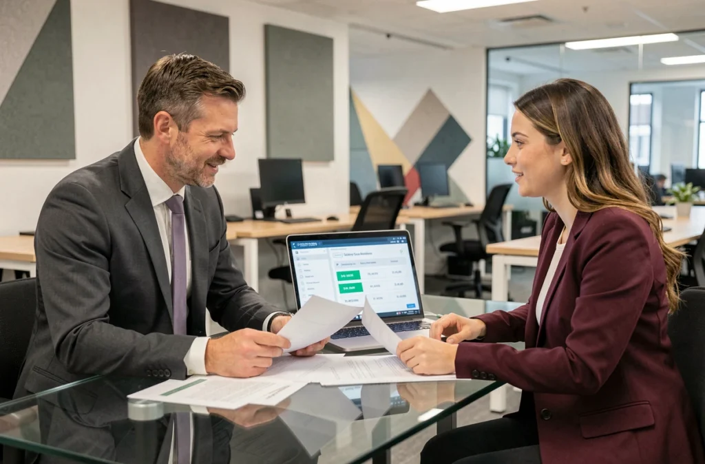 Réunion entre deux consultants en portage salarial pour calculer et comparer leur TJM dans un espace de coworking