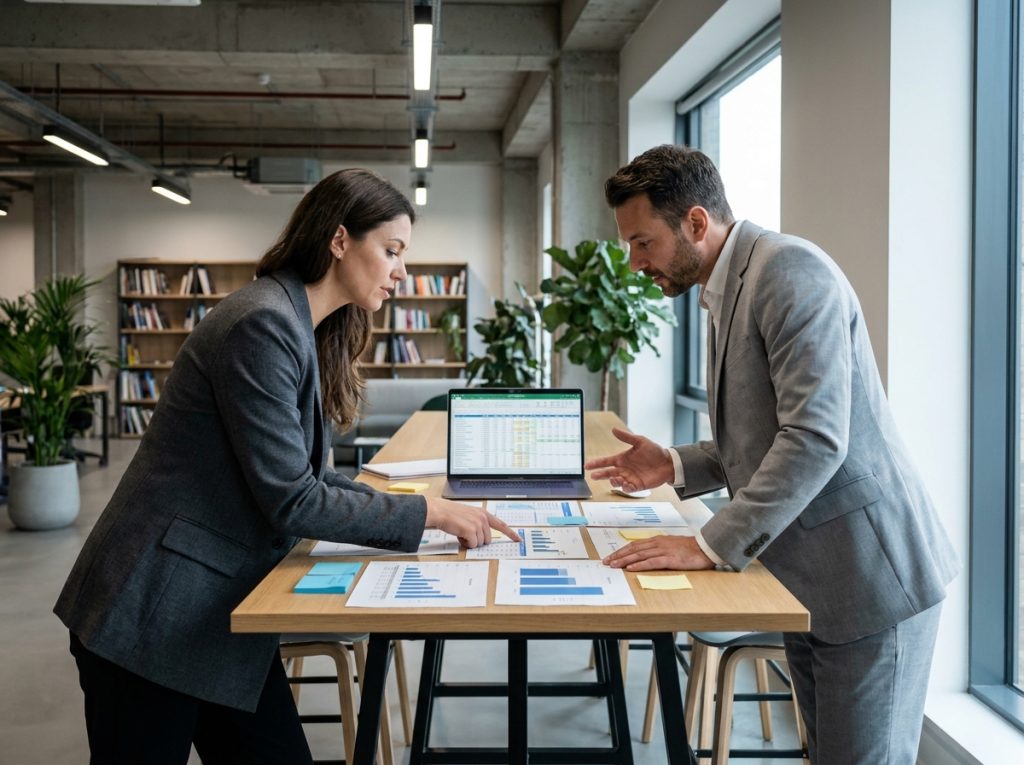 Deux dirigeants d'entreprise analysant ensemble des tableaux financiers et des stratégies de cession lors d'une réunion de travail en open space