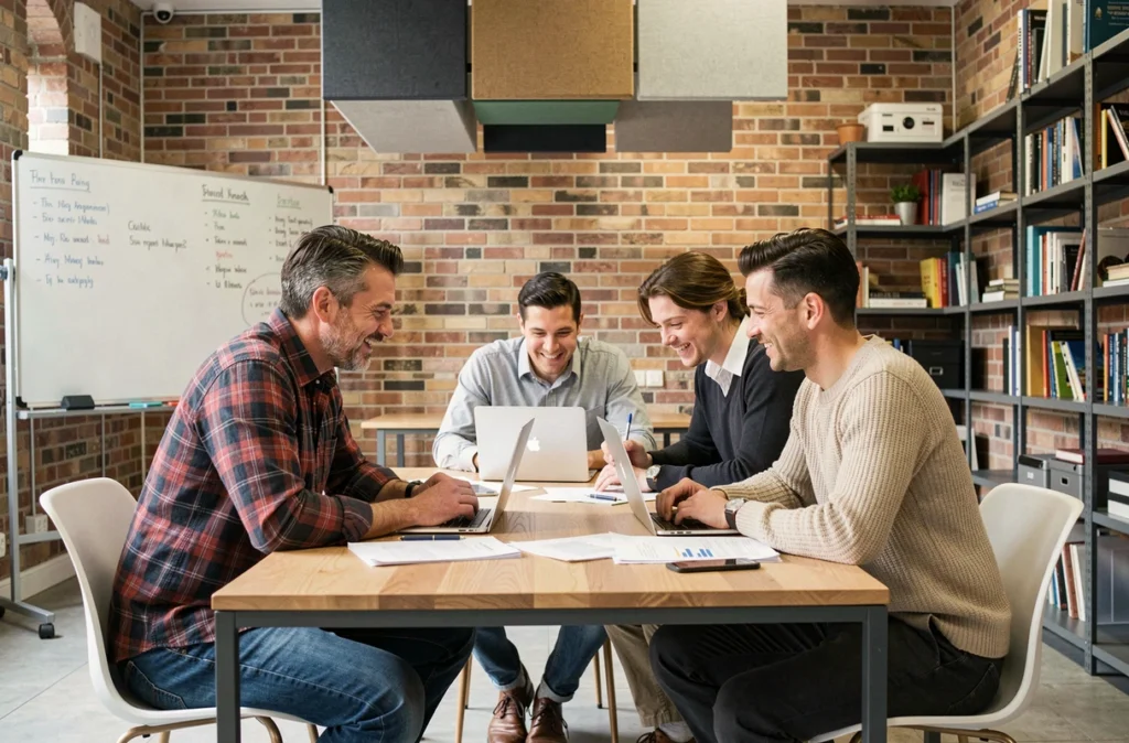 Groupe de professionnels collaborant autour d'une table dans une salle de réunion d'un espace de coworking en banlieue parisienne