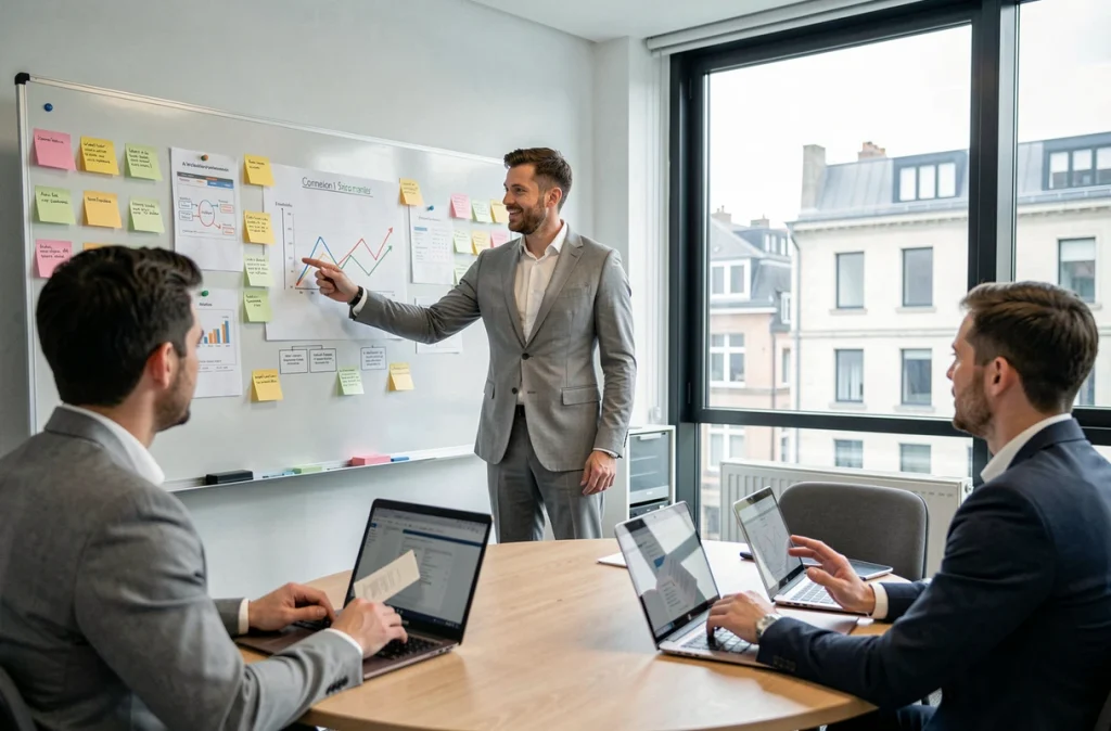 Réunion d'équipe dans une PME européenne autour d'une stratégie de digitalisation par l'IA