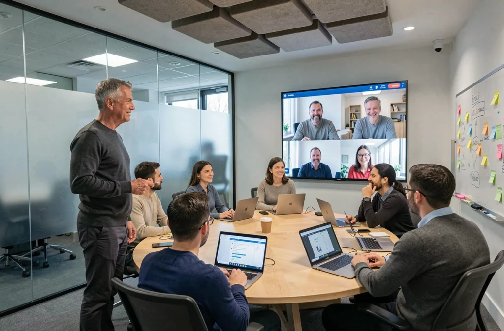 Un manager anime une réunion hybride dans une salle collaborative moderne équipée d'un système de visioconférence pour les télétravailleurs