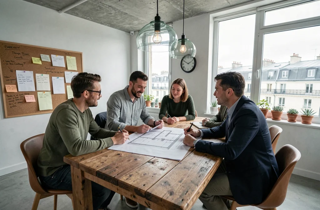 Équipe de collaborateurs discutant d'un projet de rénovation de bureau écologique autour d'une table en bois recyclé à Paris