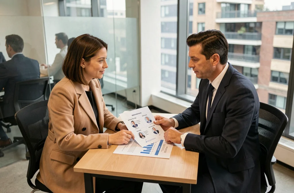 Deux professionnels en réunion étudiant des fiches d'entreprises pour affiner leur stratégie de prospection B2B