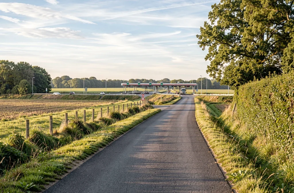 Route de campagne longeant une autoroute avec un péage au loin