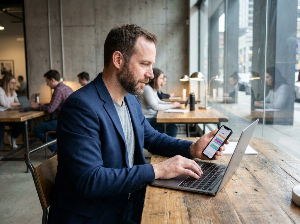 Homme en espace de coworking gérant simultanément son emploi salarié et ses missions freelance sur ordinateur et smartphone