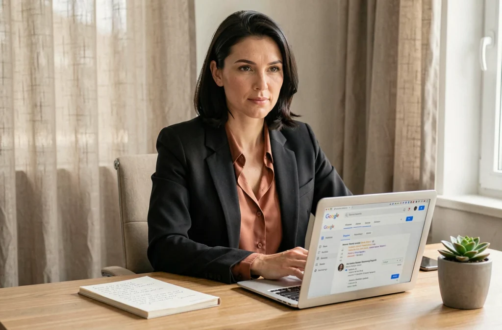 Sarah El Gharbi, consultante SEO indépendante, travaillant sur Google Search Console dans un bureau épuré et professionnel en Vendée