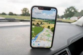 Smartphone fixé au tableau de bord affichant un itinéraire de navigation