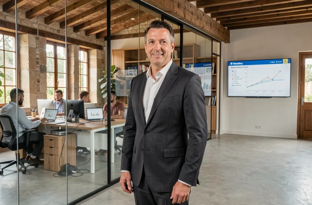 Directeur d'agence Google Ads à envergure nationale présentant les activités de l'agence dans les locaux en région PACA