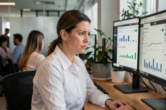 Chargée de marketing digital analysant des tableaux de bord d'affiliation et de performance multiréseaux sur deux écrans dans un bureau moderne