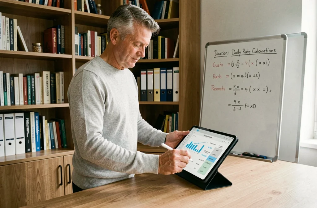Consultant indépendant en portage salarial analysant son taux journalier moyen sur tablette dans un bureau à domicile