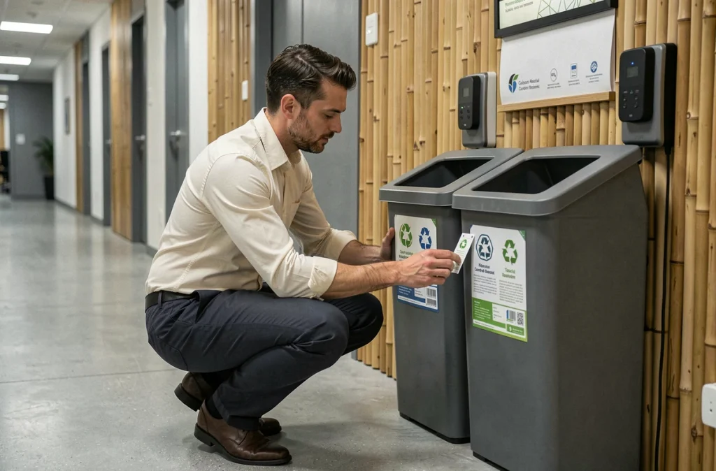 Employé apposant une étiquette écoresponsable sur une station de tri sélectif dans le couloir d'un bureau durable en France