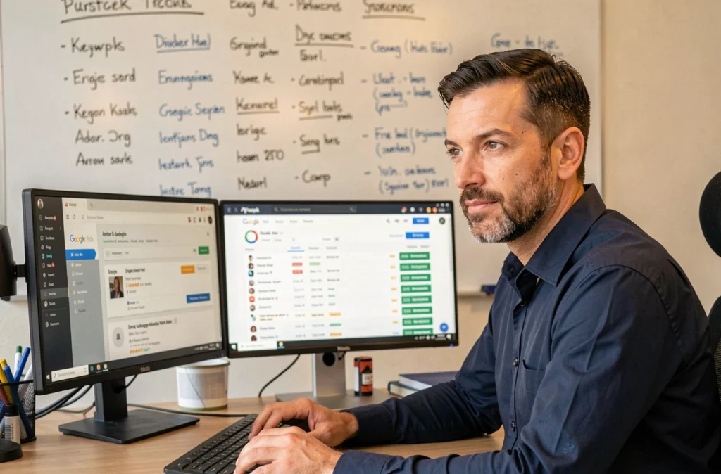 Spécialiste Google Ads et référencement naturel travaillant sur une stratégie combinée SEA et SEO à Marseille
