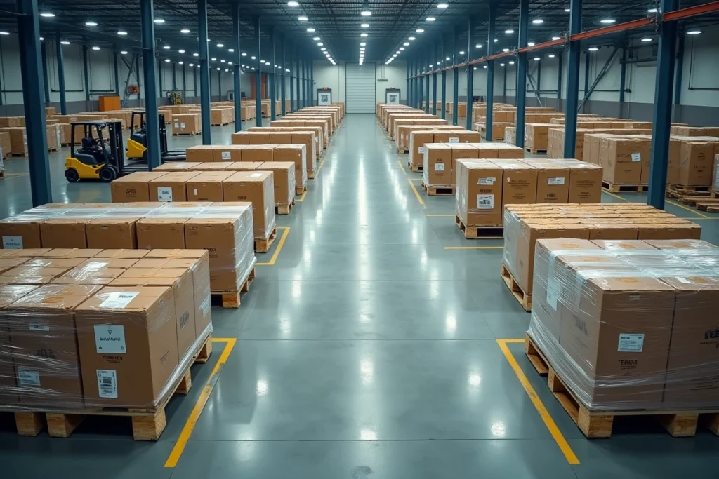 Vue aérienne d'un centre de distribution avec des palettes organisées en rangées sur le sol d'un entrepôt logistique