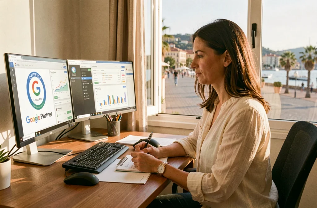 Consultante Google Ads certifiée travaillant depuis son bureau avec vue sur la Promenade des Anglais à Nice