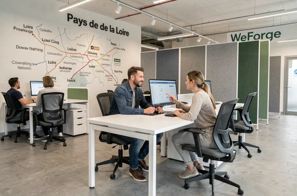Espace WeForge coworking multi-villes en Pays de la Loire avec deux professionnels collaborant sur un projet